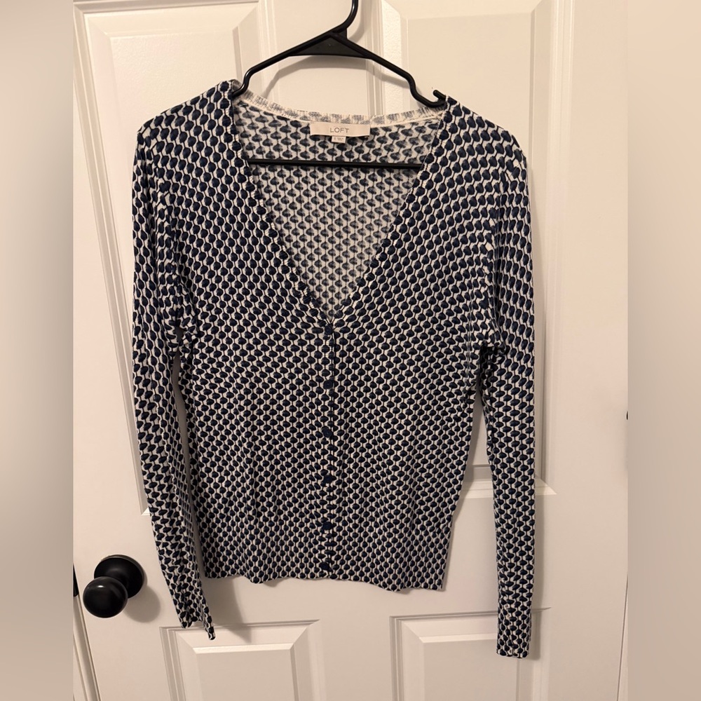 LOFT Blue and White Geometric Knit Cardigan